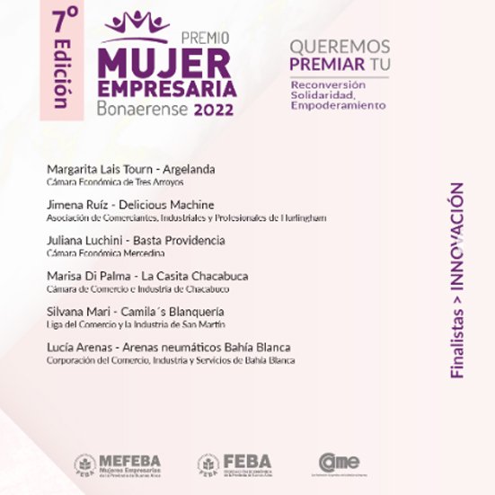 Finalista en el Premio a la Mujer Empresaria Bonaerense (categoría Innovación) Finalista en el Premio a la Mujer Empresaria Bonaerense (categoría Innovación)<br />